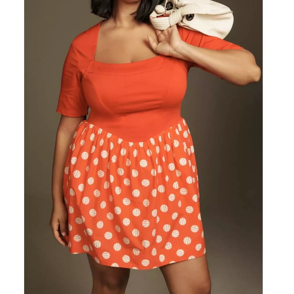 Anthropologie Maeve Short-Sleeve Square-Neck Mini Dress Red Orange 1X